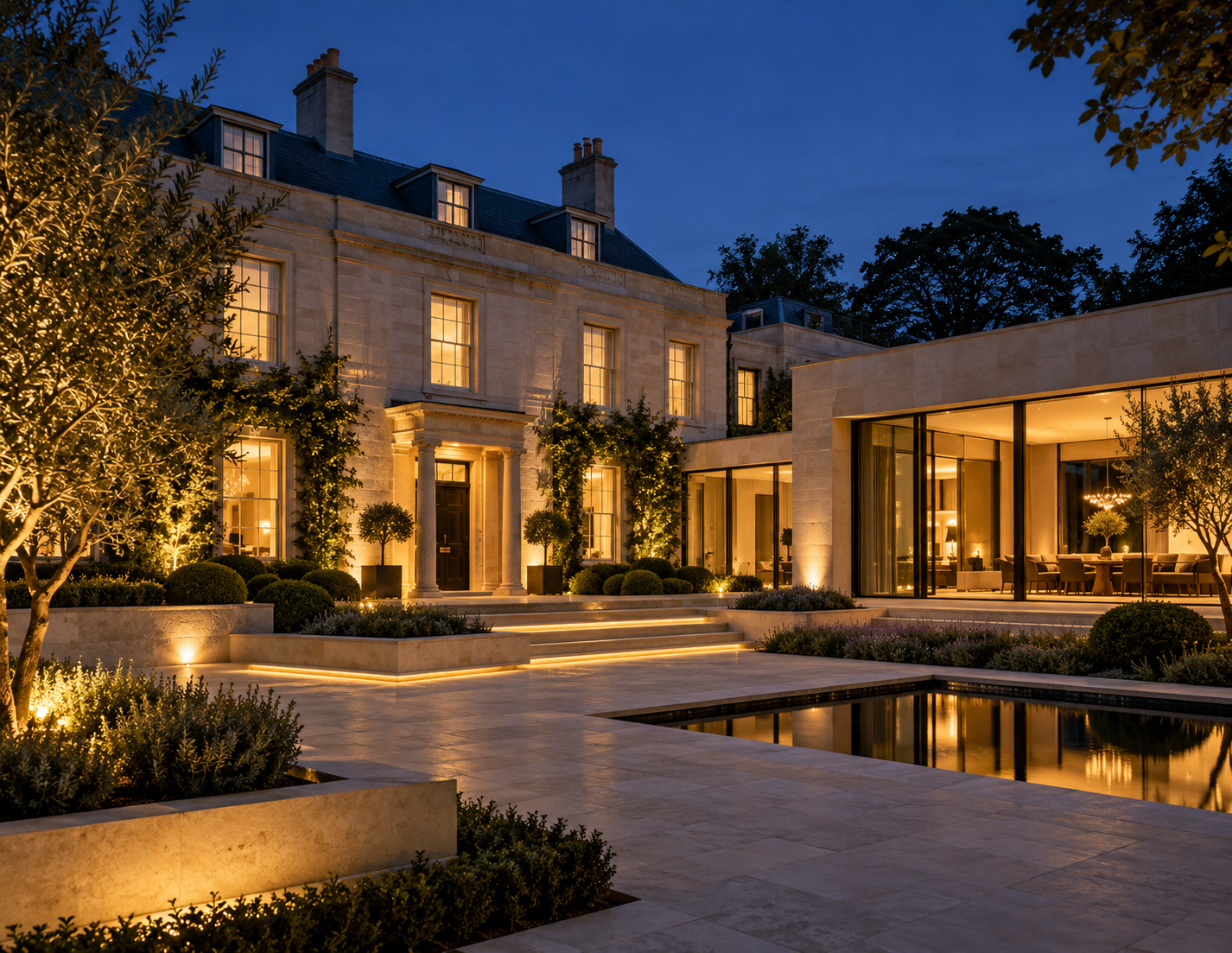 Illuminated stone manor and modern glass extension at dusk