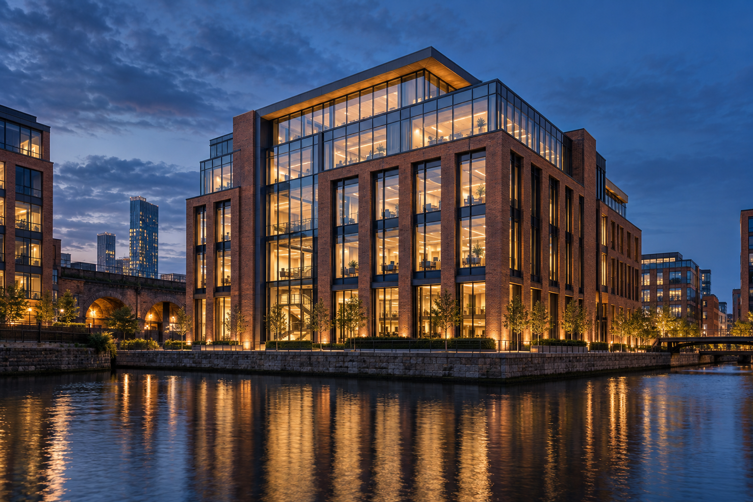 Lakeview Commercial building at dusk